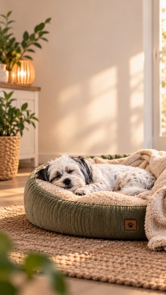 Kleiner Hund schläft entspannt in einem grünen Hundekörbchen
