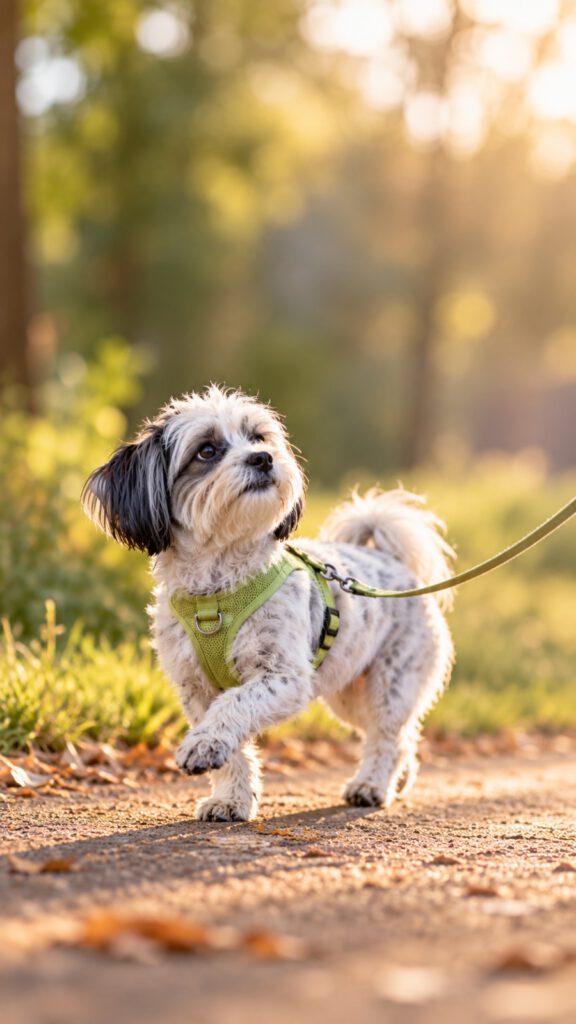 Kleiner Hund mit grünem Geschirr in Bewegung auf einem sonnigen Waldweg