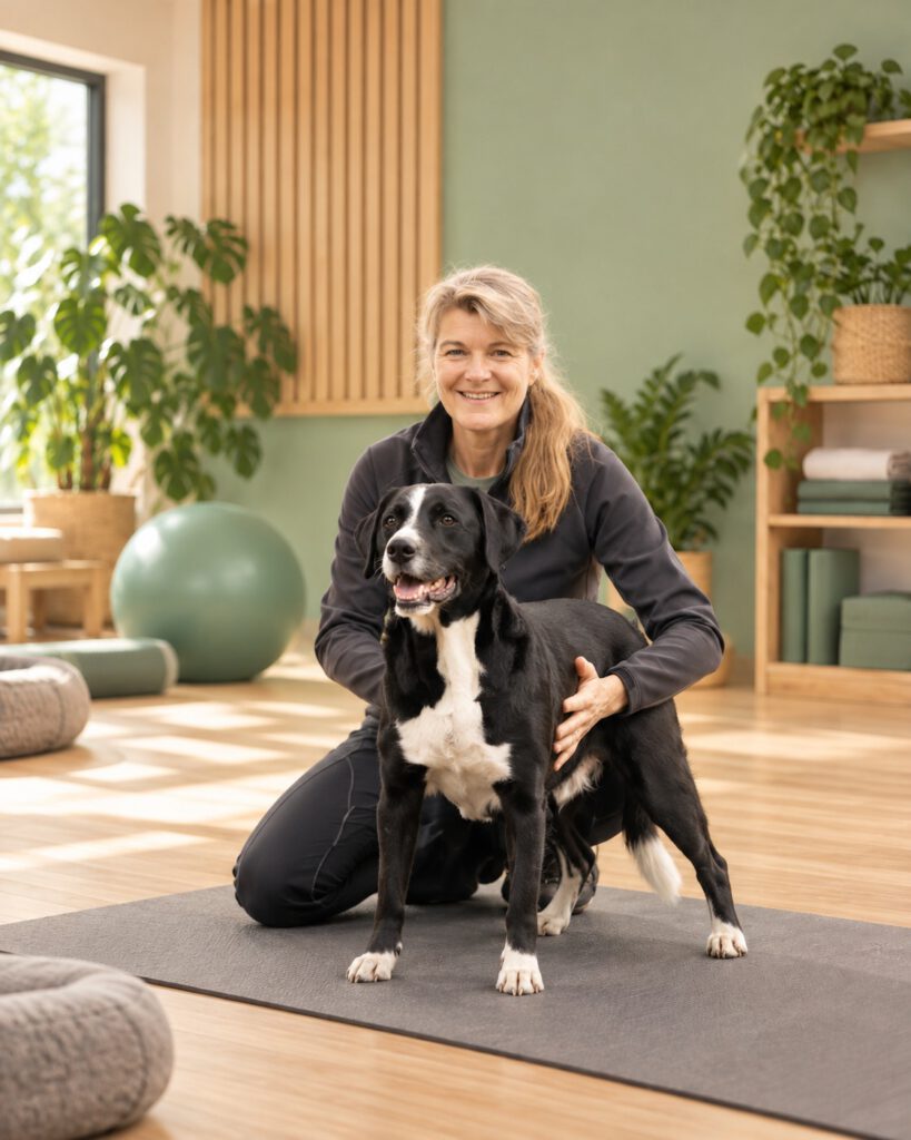 Gabi Neuschäfer mit einem schwarz-weißen Hund in der Praxis